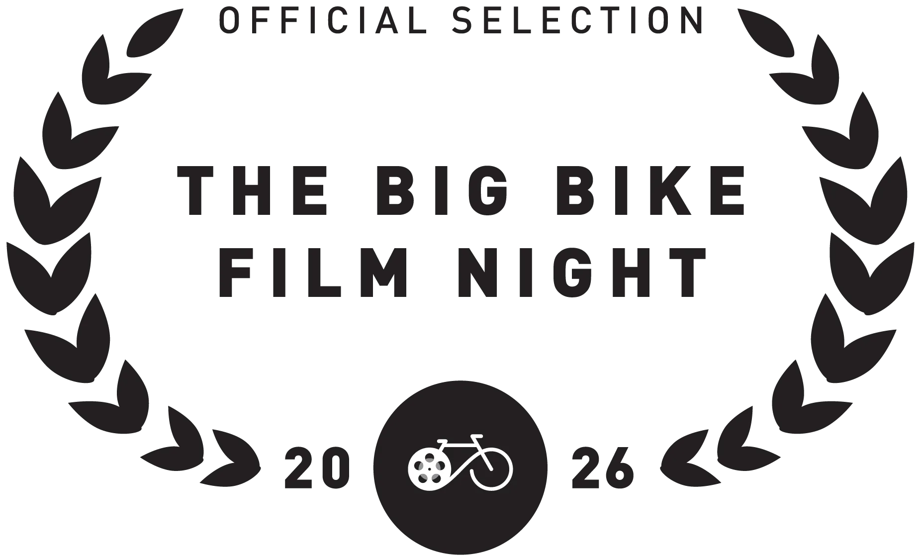 Official selection laurel for The Big Bike Film Night 2026 featuring a bike with a film reel wheel.