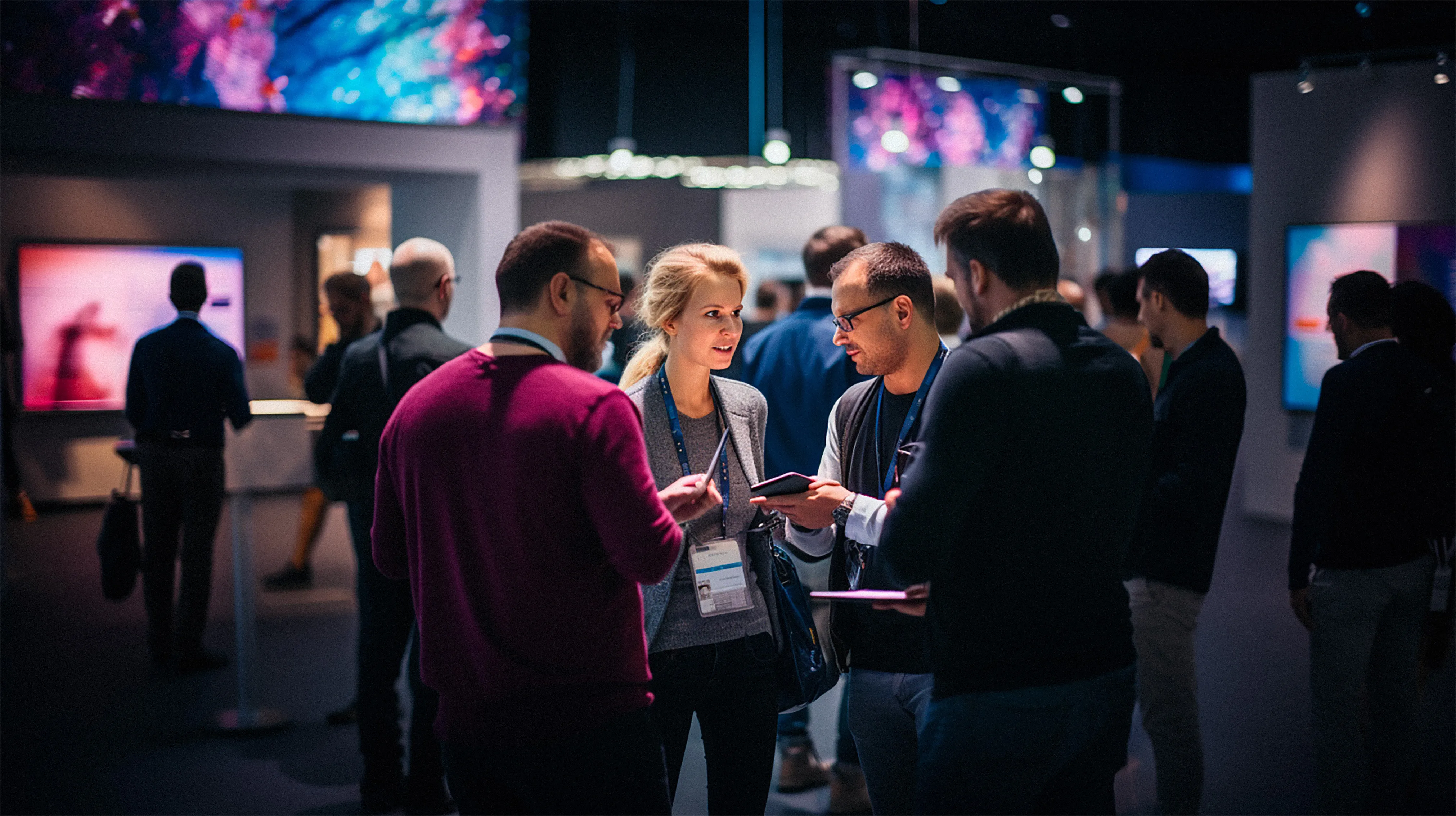 Vier Personen die auf einer Veranstaltung im Kreis stehen und sich beraten.