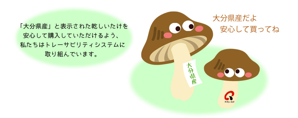 大分県産しいたけをイメージしたキャラクターと、産地表示による安心を伝えるイラスト