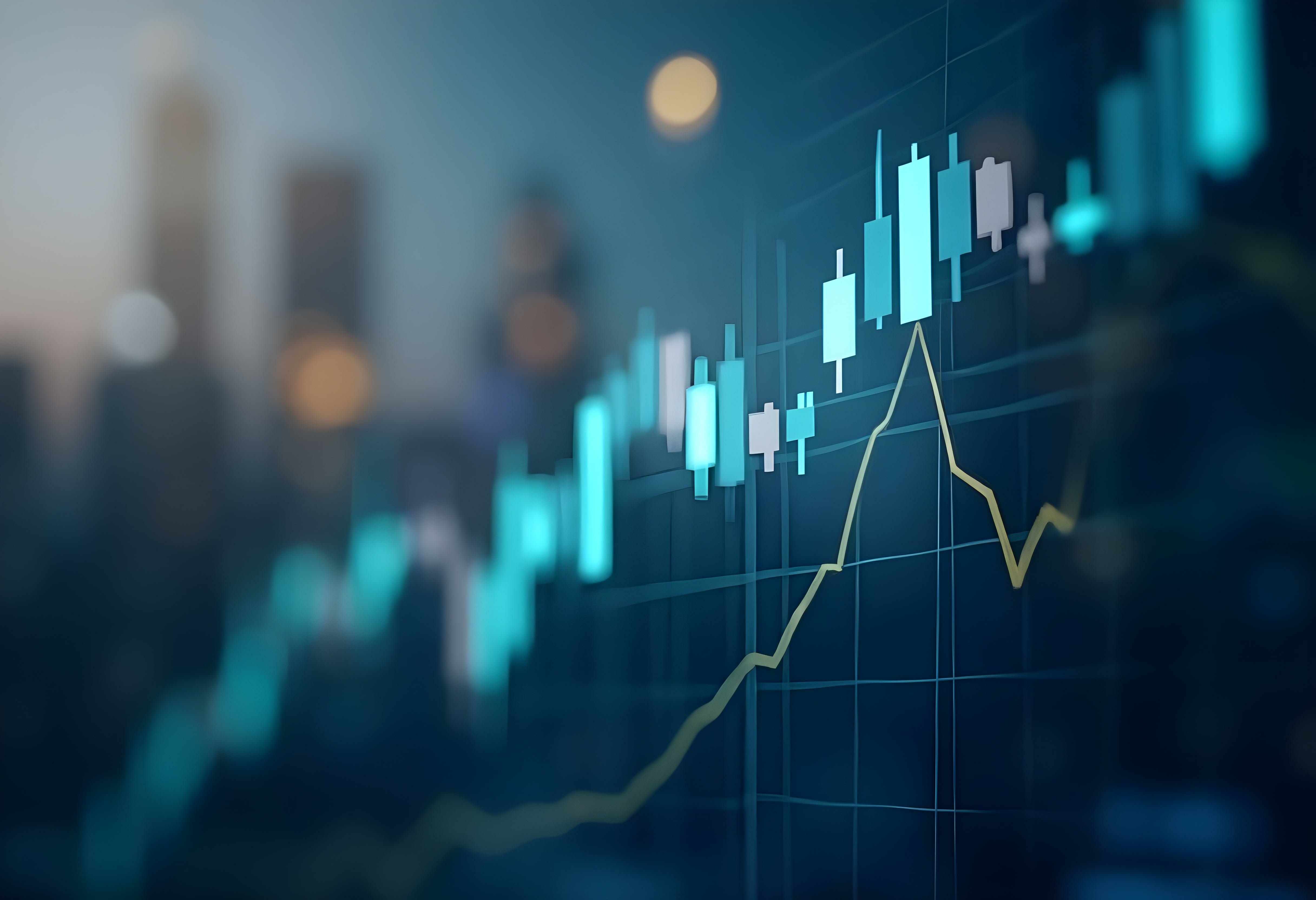 Digital candlestick chart with a rising trend line against a blurred cityscape background.