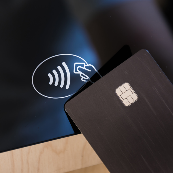Carte bancaire noire avec puce approchant un lecteur de paiement sans contact symbolisé par une icône de paiement sans fil.