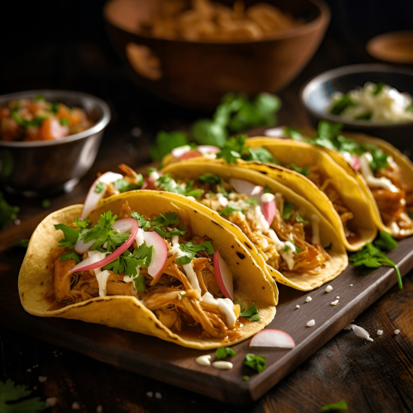 Quatre tacos garnis de poulet effiloché, crème, radis et coriandre sur une planche en bois.