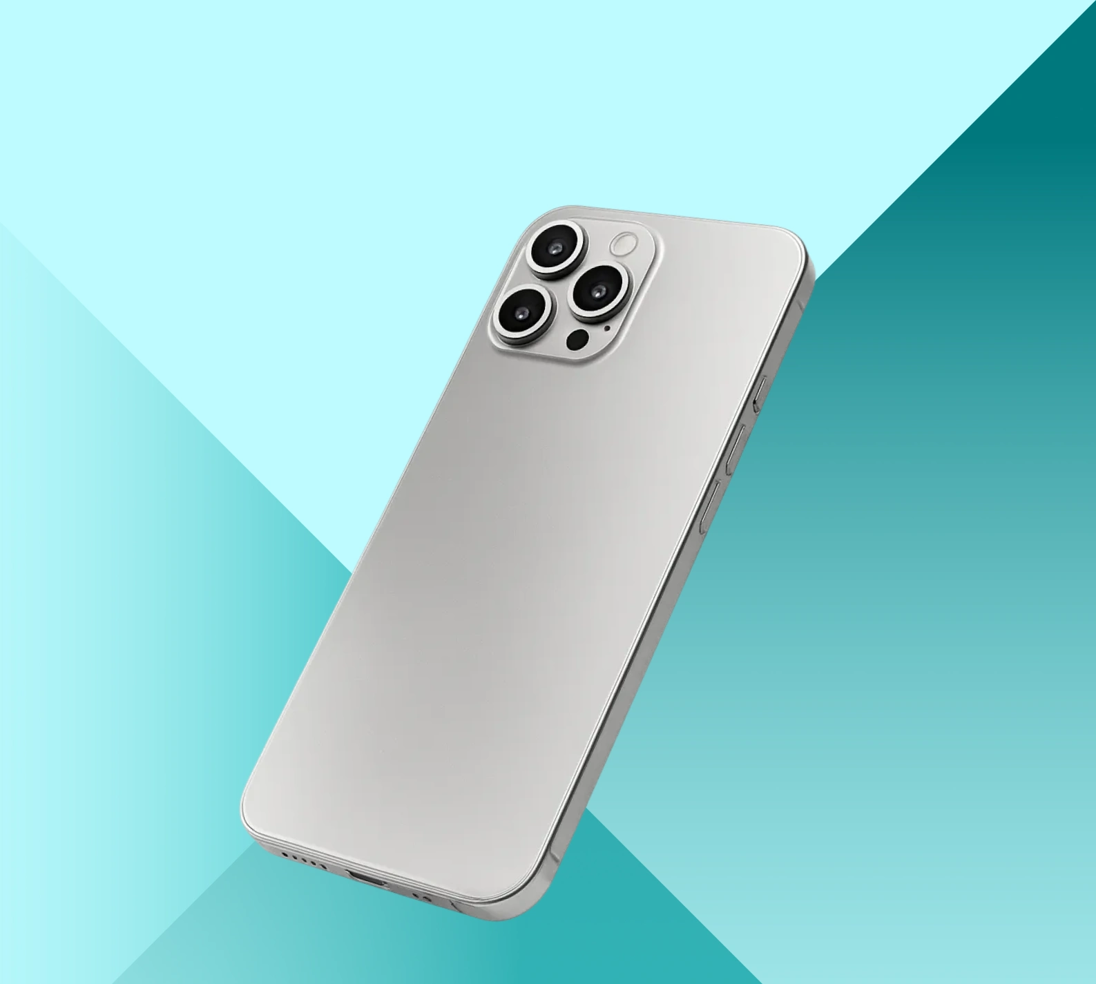 Silbernes Smartphone mit dreifacher Kamera auf der Rückseite vor blau-grünem, geometrischem Hintergrund.