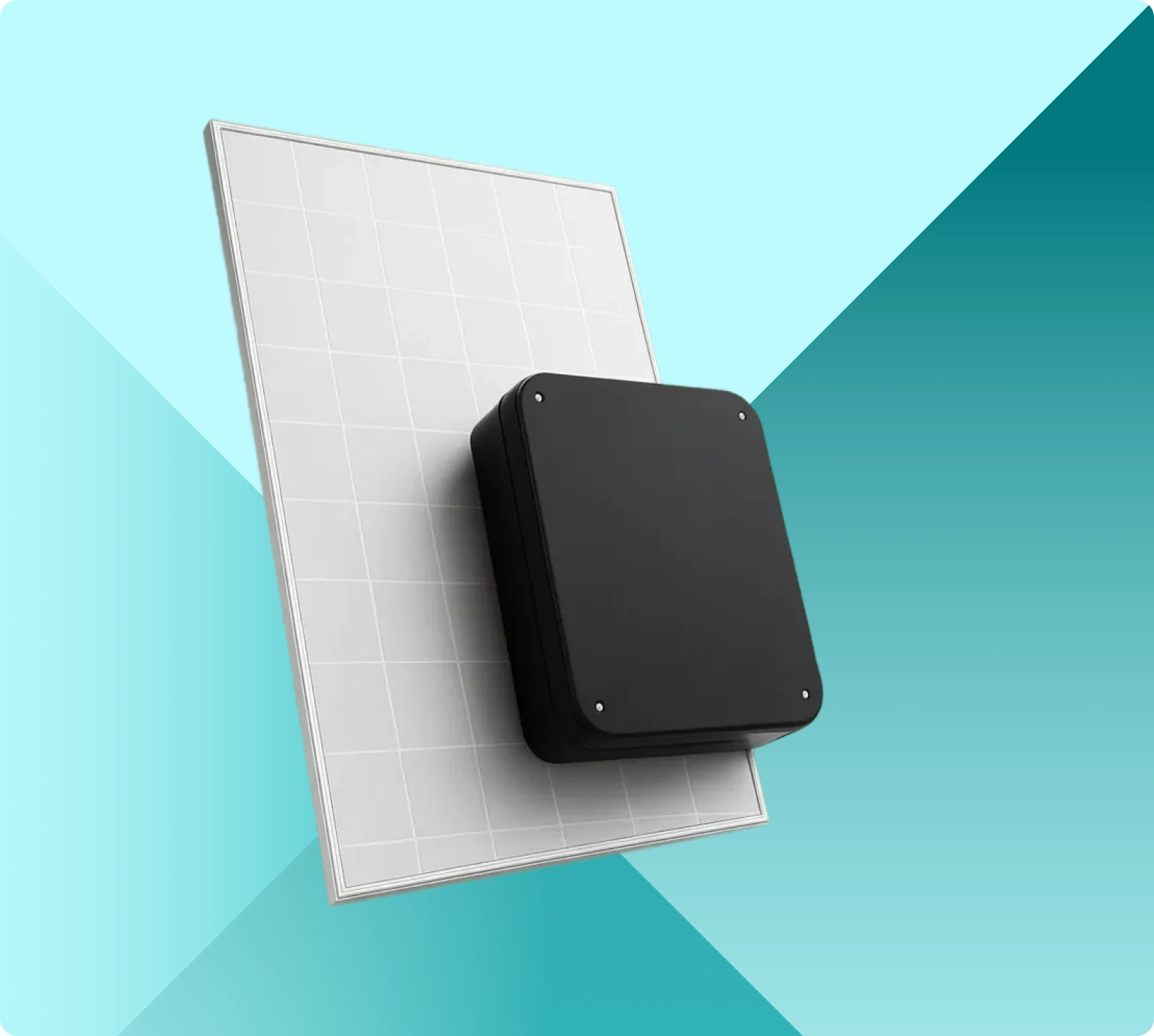 Schwarzes, quadratisches Gerät mit abgerundeten Ecken, montiert auf einem weißen Gitterpaneel vor blau-grünem Hintergrund.