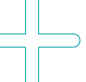 Blaugrünes Pluszeichen mit abgerundeter rechter Seite auf schwarzem Hintergrund.