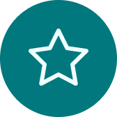 Weißer Stern umgeben von einem Kreis auf grünblauem Hintergrund.