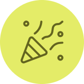 Symbol einer Partytröte mit Luftschlangen und Konfetti in einem hellgrünen Kreis.