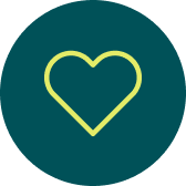 Gelbes Herzsymbol auf einem dunkelgrünen runden Hintergrund.