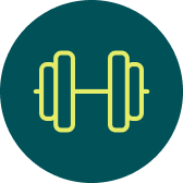 Gelbes Hantel-Symbol auf grünblauem rundem Hintergrund.