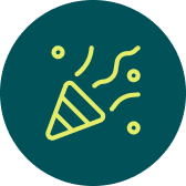 Gelbe Party-Popper-Ikone mit Konfetti auf dunkelgrünem Hintergrund.