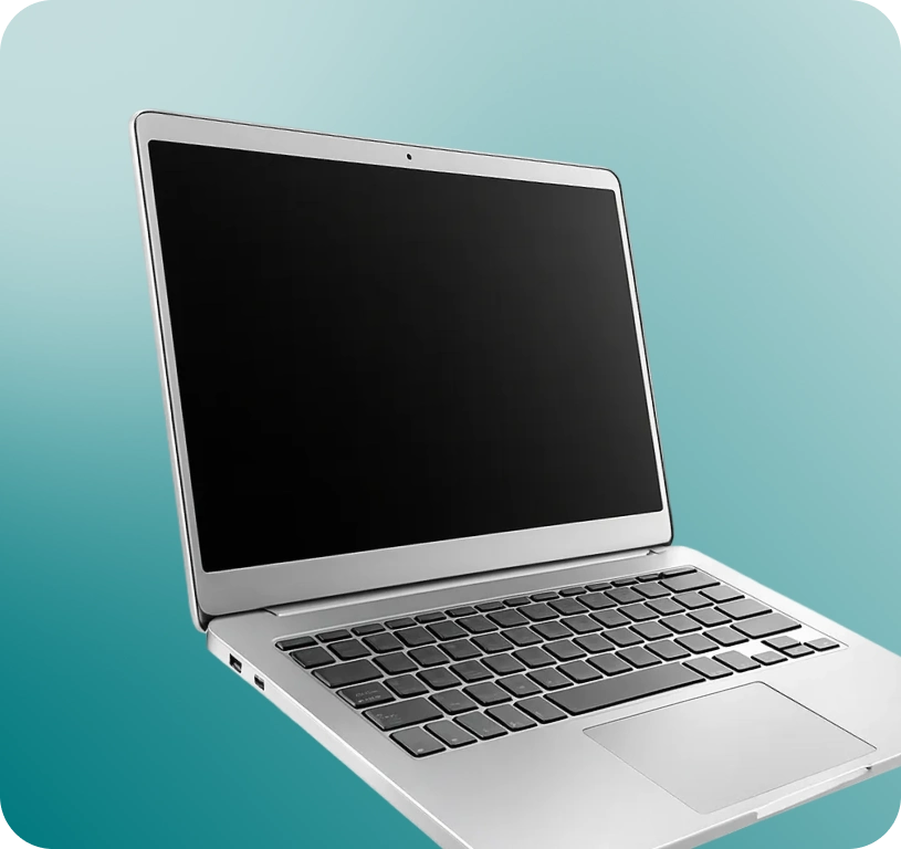 Silberner Laptop mit schwarzer Tastatur und ausgeschaltetem Bildschirm vor einem grün-blauen Hintergrund.