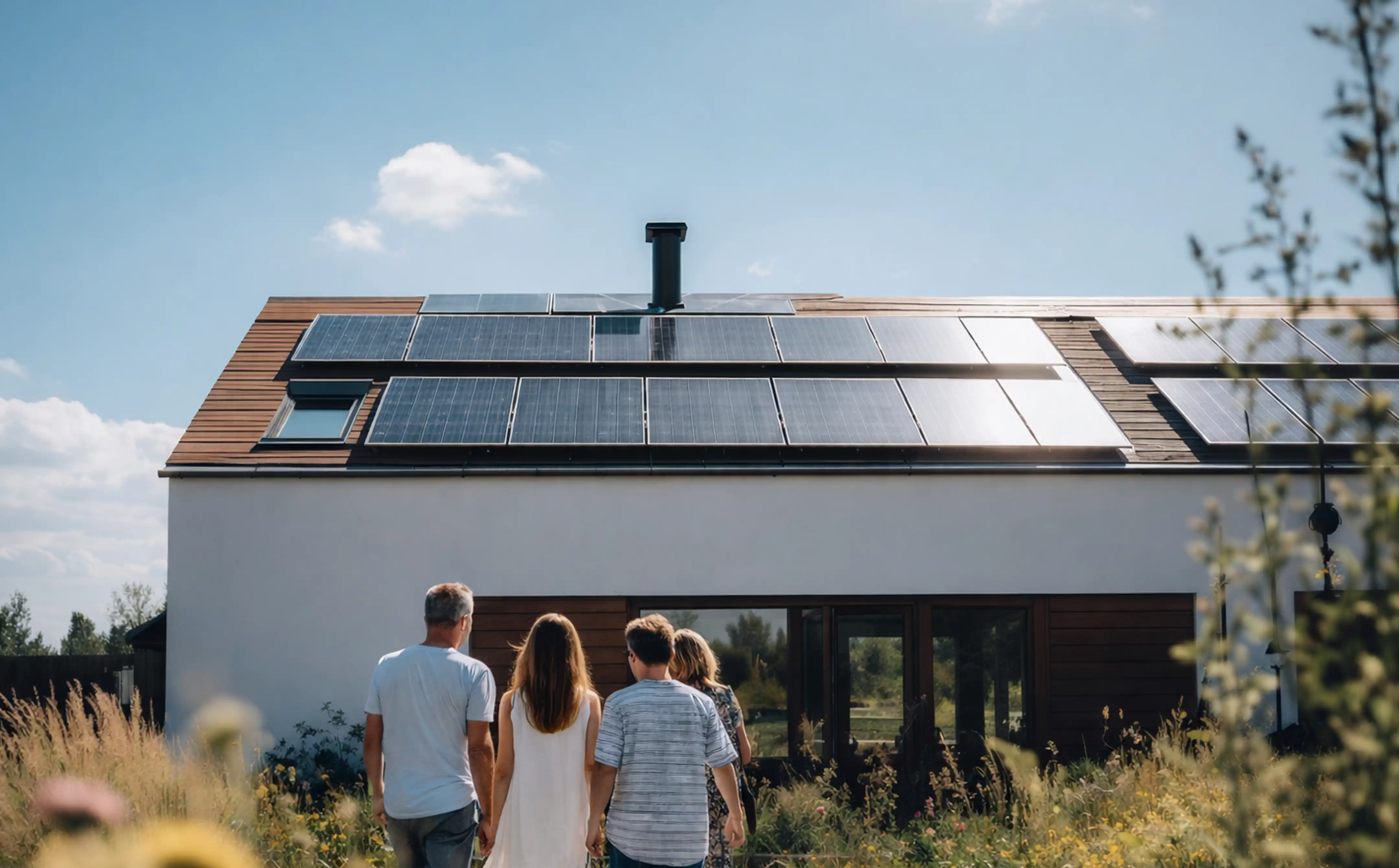 Familie mit zwei Erwachsenen und zwei Kindern geht auf ein Haus mit Solarpaneelen auf dem Dach zu.