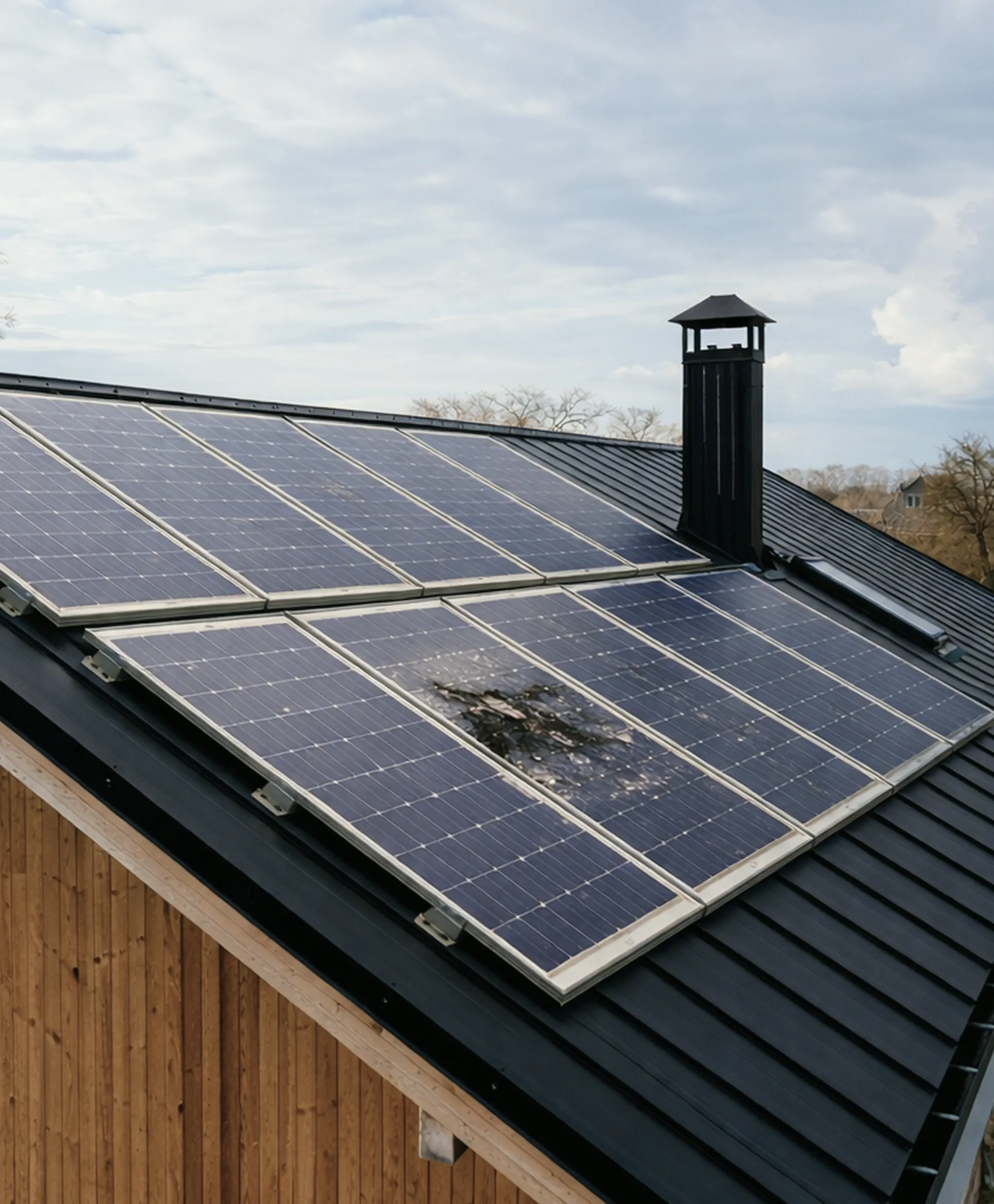 Solarmodule auf einem schwarzen Schrägdach mit einem defekten und verbrannten Modul in der Mitte.