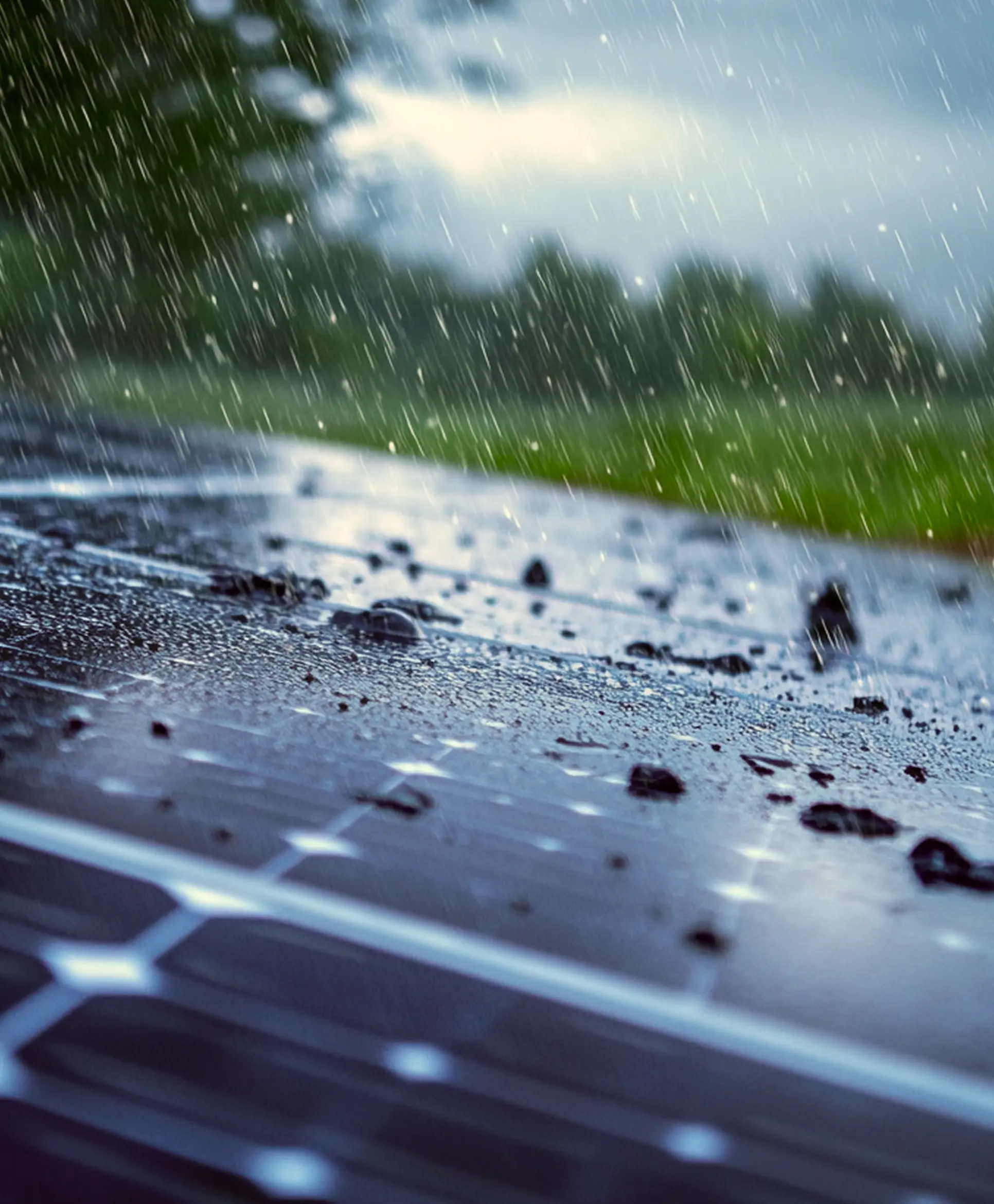 Regen fällt auf ein Solarpanel im Freien an einem bewölkten Tag.