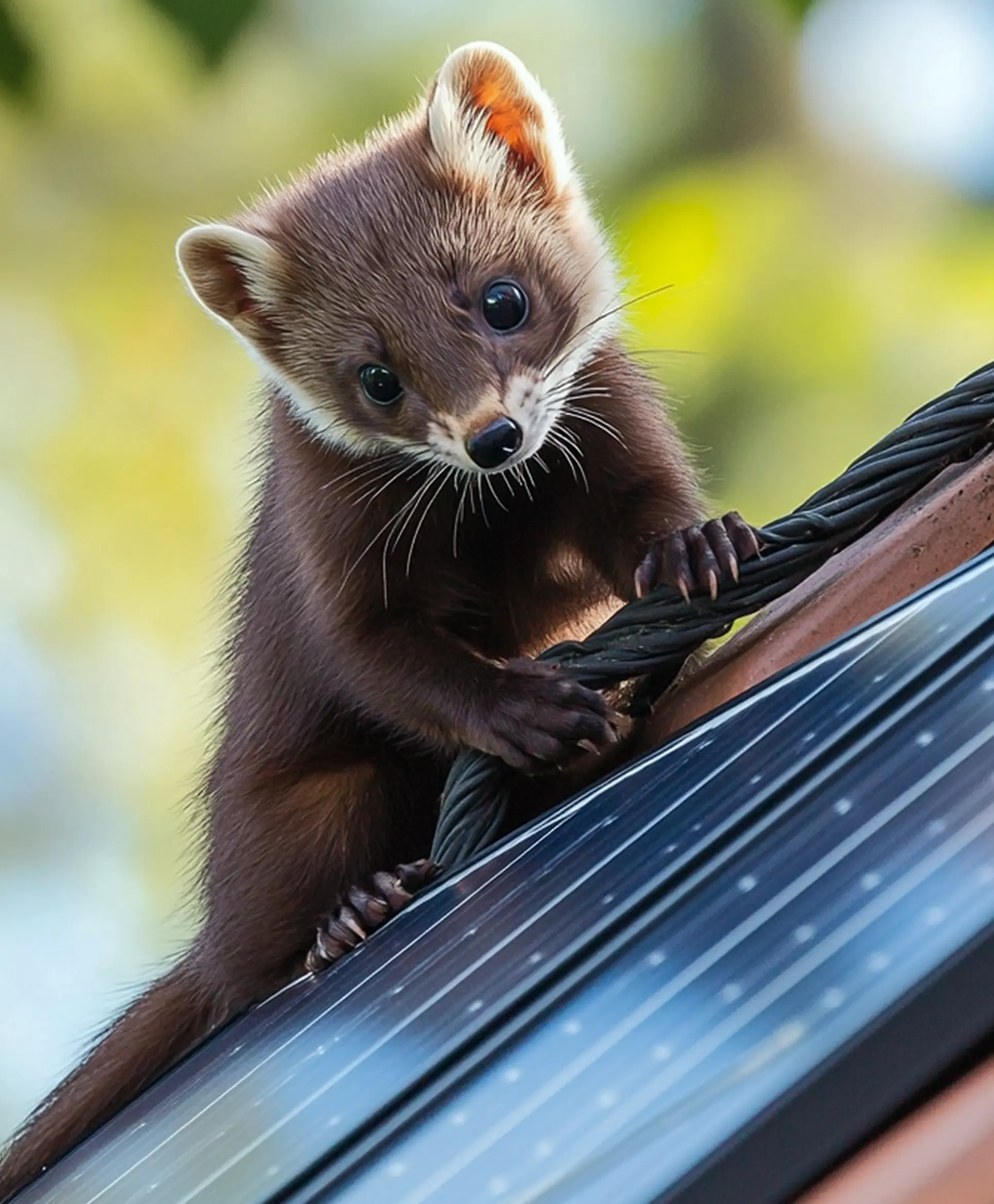Ein junger Marder klettert an einem schrägen Solarpanel und hält sich an einem Seil fest.