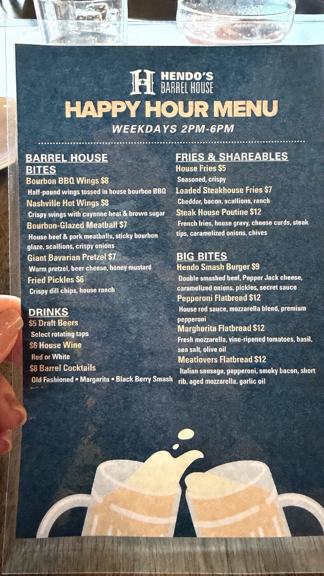 Hendo's Barrel House happy hour menu, weekdays 2 PM to 6 PM