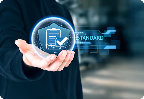 Hand holding a digital hologram of a shield with a checklist and checkmark, next to the word STANDARD in blue tech-style graphics.