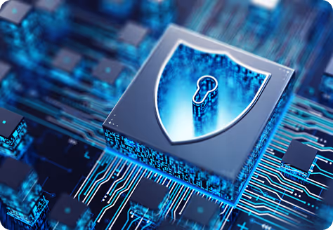 3D shield with a keyhole symbol representing cybersecurity on a glowing digital circuit board.