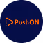 PushON company logo with orange text and play button symbol on a navy blue circular background.