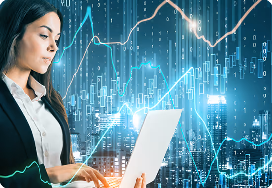 Businesswoman using a laptop with digital financial charts and cityscape in the background.
