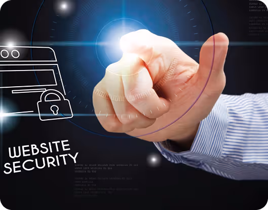 Hand pointing forward with digital lock icon and text reading 'Website Security' on a dark background.