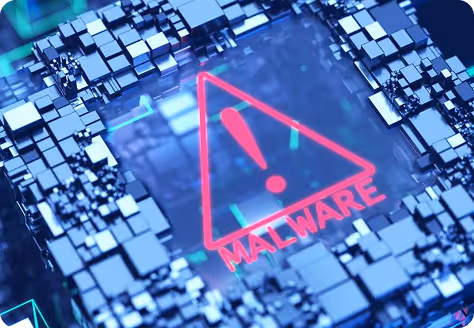 Digital circuit board with glowing red warning triangle and exclamation mark labeled MALWARE.