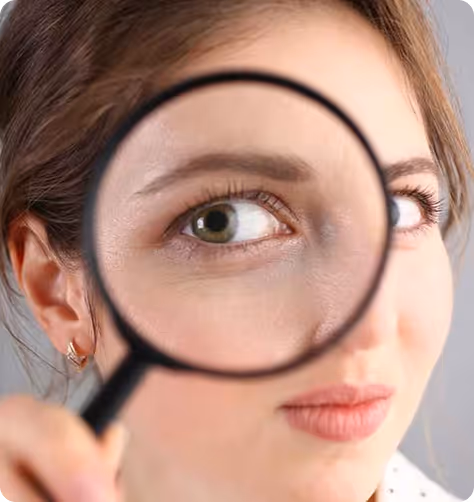 Close-up of a woman holding a magnifying glass that enlarges her left eye.