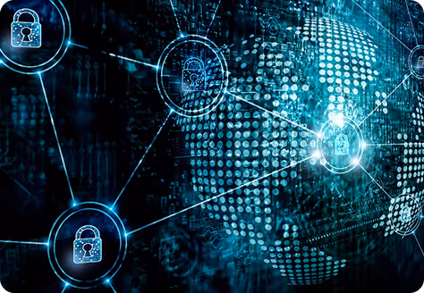 Digital globe with interconnected padlock icons symbolizing cybersecurity and data protection.