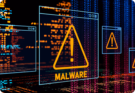 Digital warning signs displaying an orange malware alert with exclamation marks on futuristic data screens and binary code background.