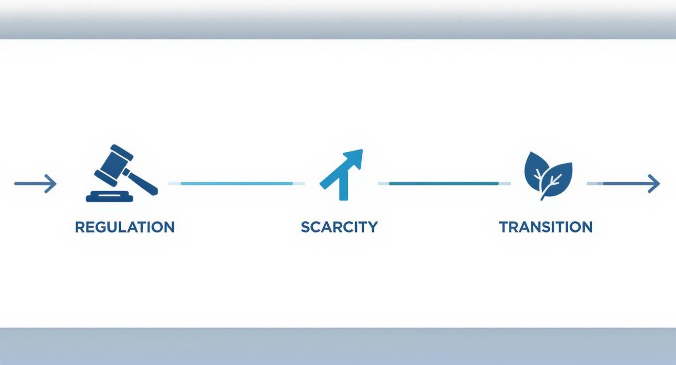 Three interconnected steps showing regulation with gavel, scarcity with upward arrow, and transition with leaves icon
