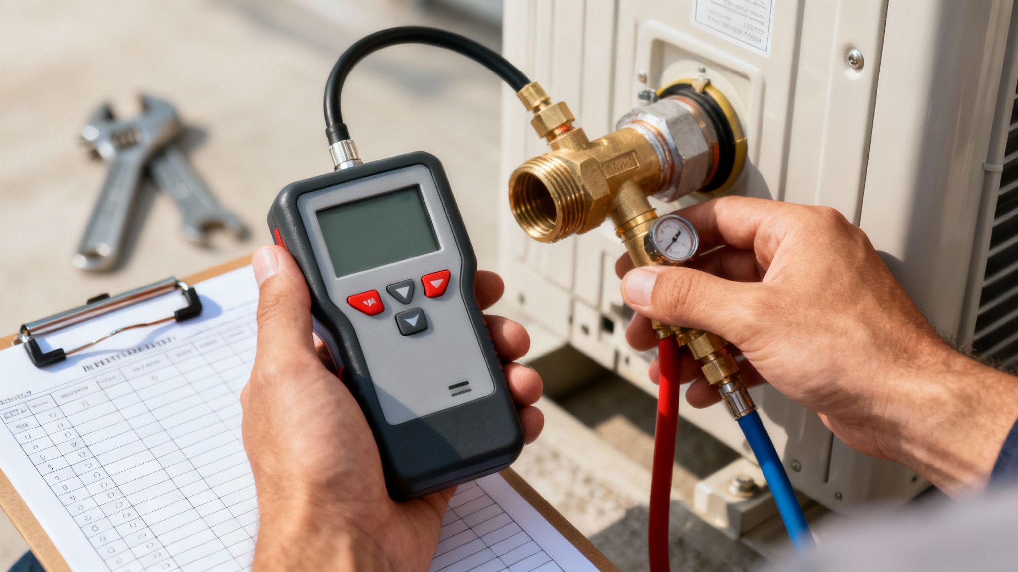 HVAC technician using digital gauge to test water heater pressure and refrigerant levels