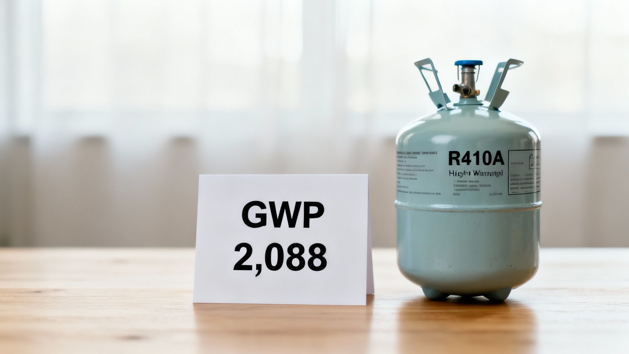 R410A refrigerant cylinder on wooden surface with GWP 2088 sign showing global warming potential