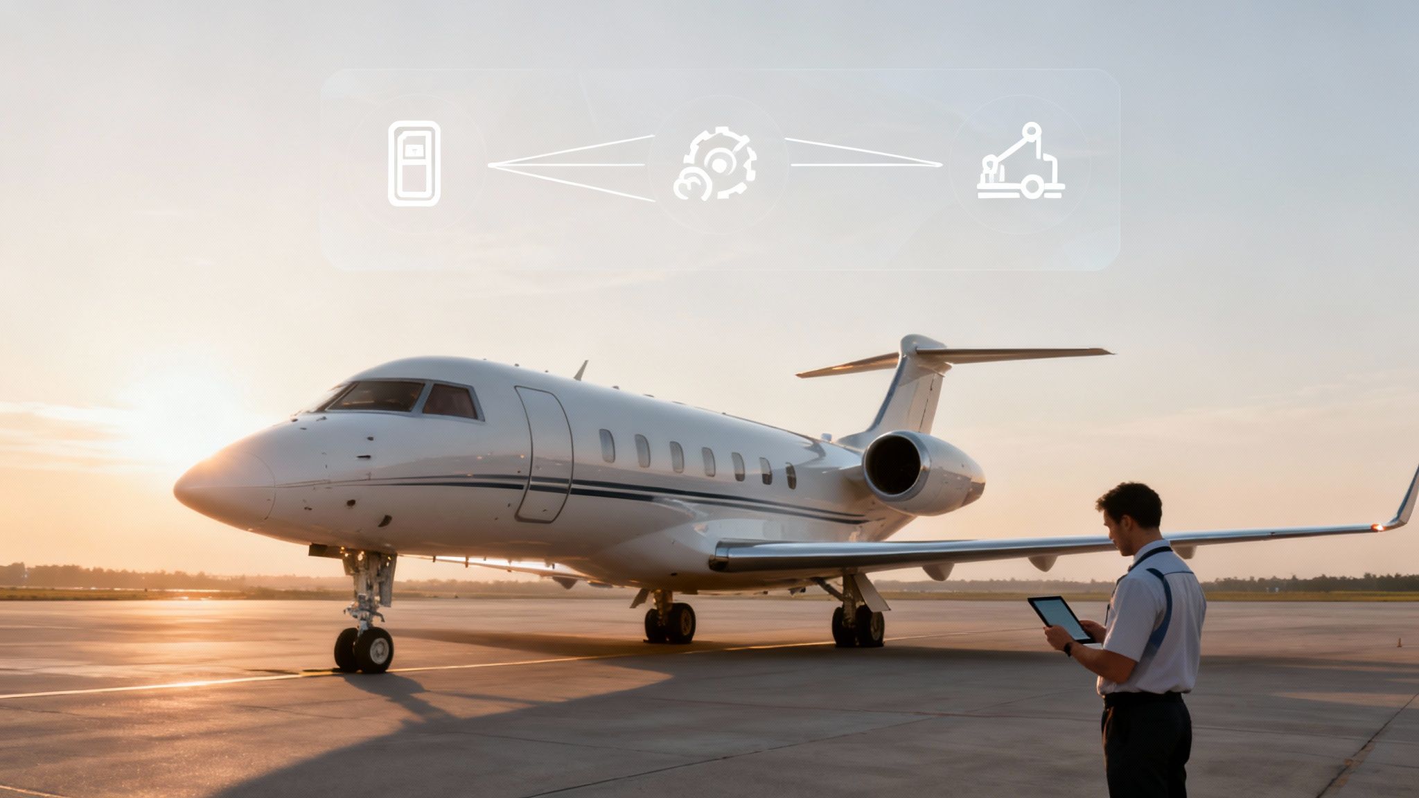 Man with tablet next to private jet at sunset, displaying digital data processing icons.