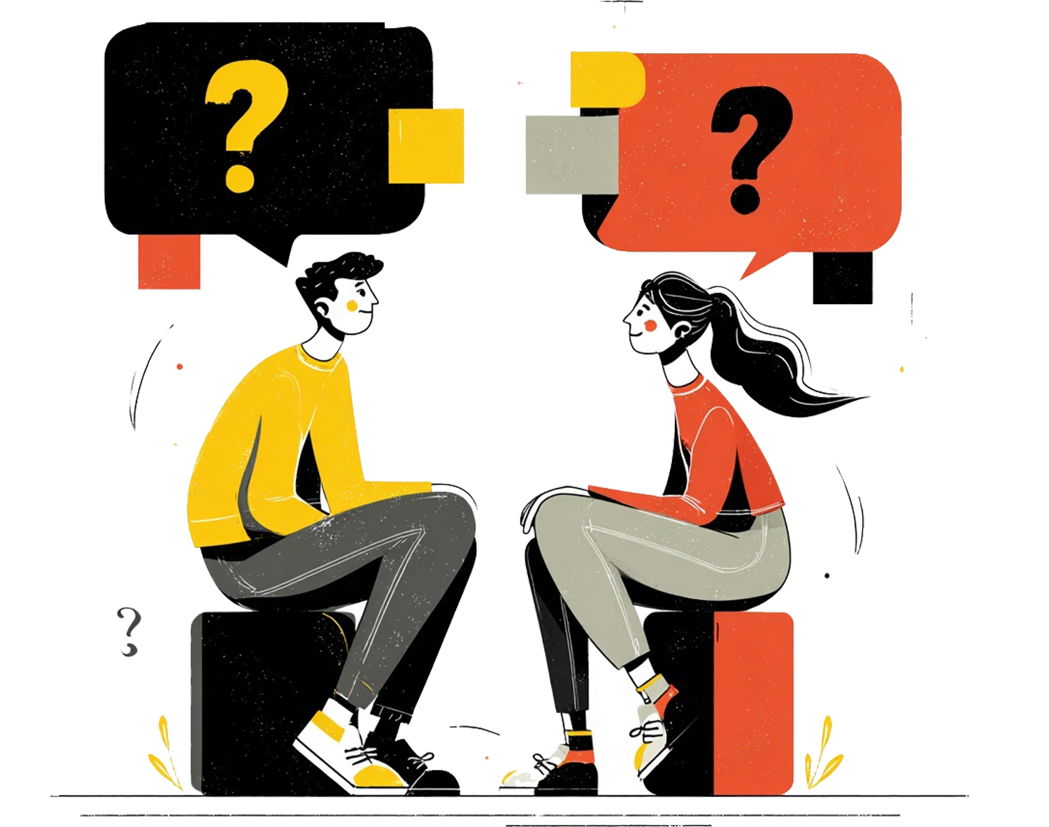 Illustration of a man and a woman sitting and facing each other with large question marks in speech bubbles above their heads.