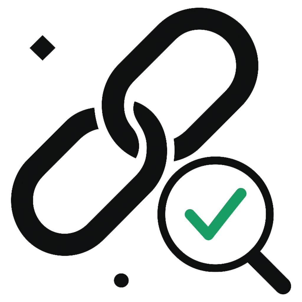 Black chain link icon with magnifying glass showing a green checkmark.