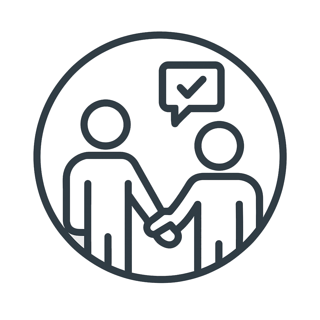 Icon of two people shaking hands with a speech bubble containing a checkmark above them, symbolizing agreement or collaboration.