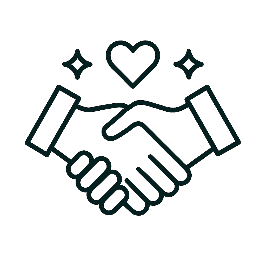 Icon of two hands shaking with a heart and sparkles above, symbolizing trust and collaboration.