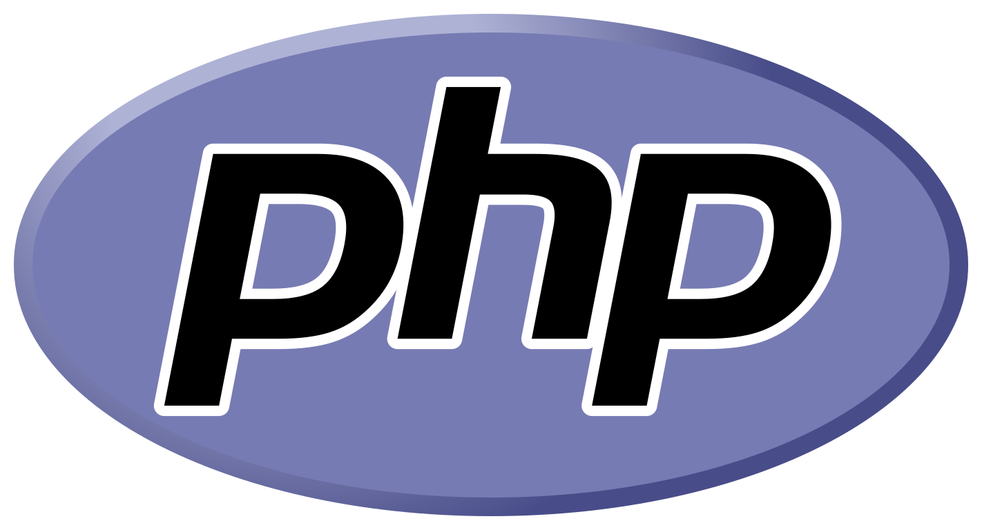 PHP logo with black letters 'php' outlined in white on a blue oval background.