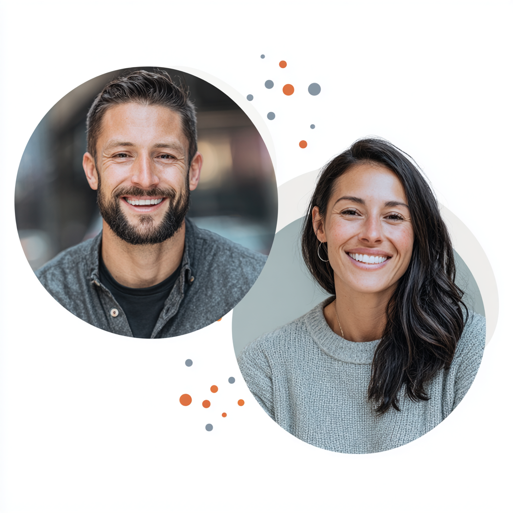 Portraits of a smiling bearded man wearing a gray shirt and a smiling woman with long dark hair in a gray sweater, both in circular frames.