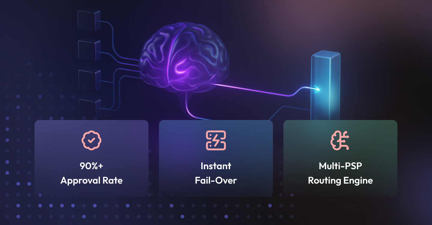 AI-powered payment routing visual featuring brain illustration with approval, fail-over, and multi-PSP routing benefits.