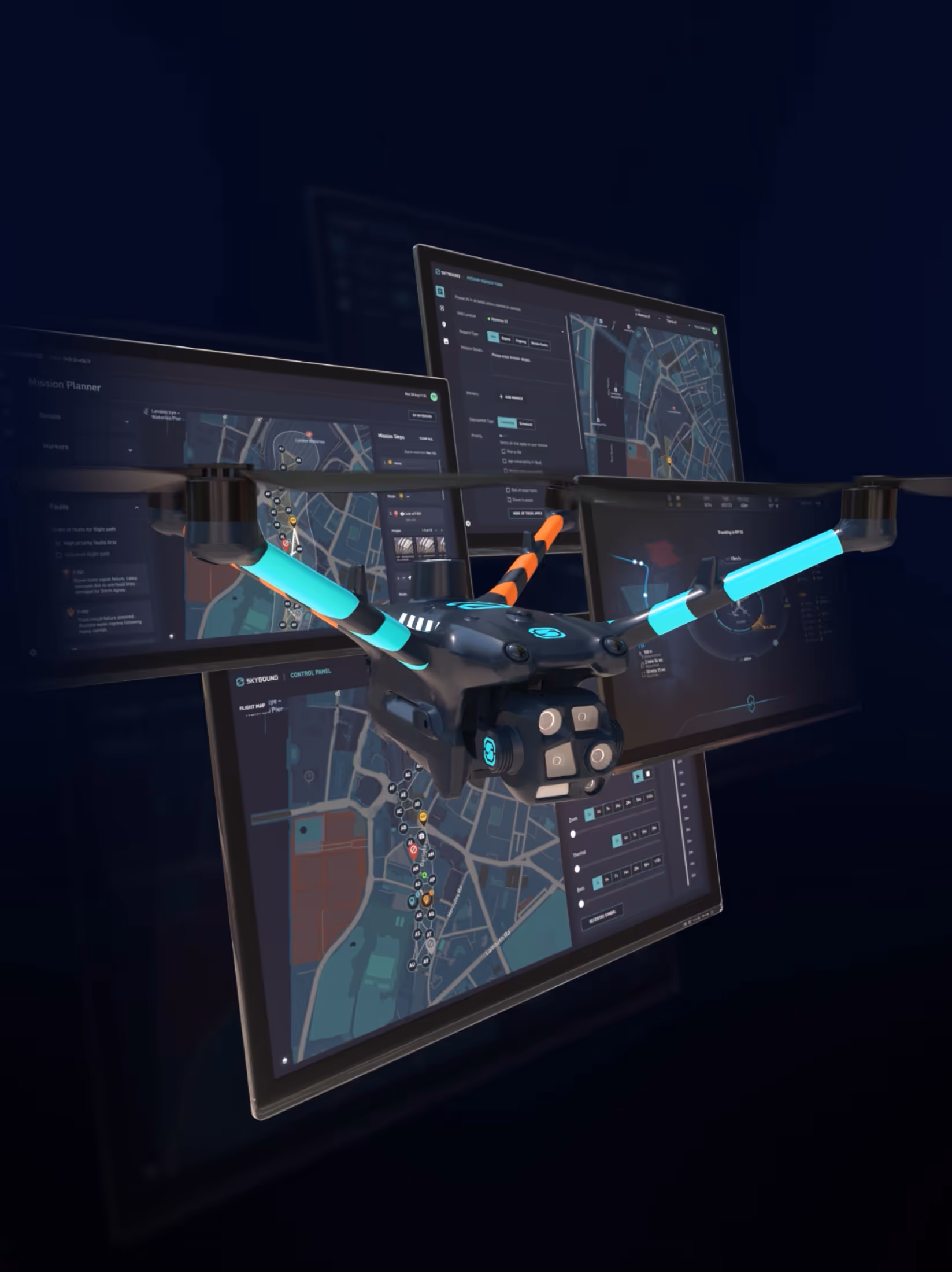 Futuristic drone with glowing blue arms flying in front of multiple digital screens displaying maps and mission control panels.