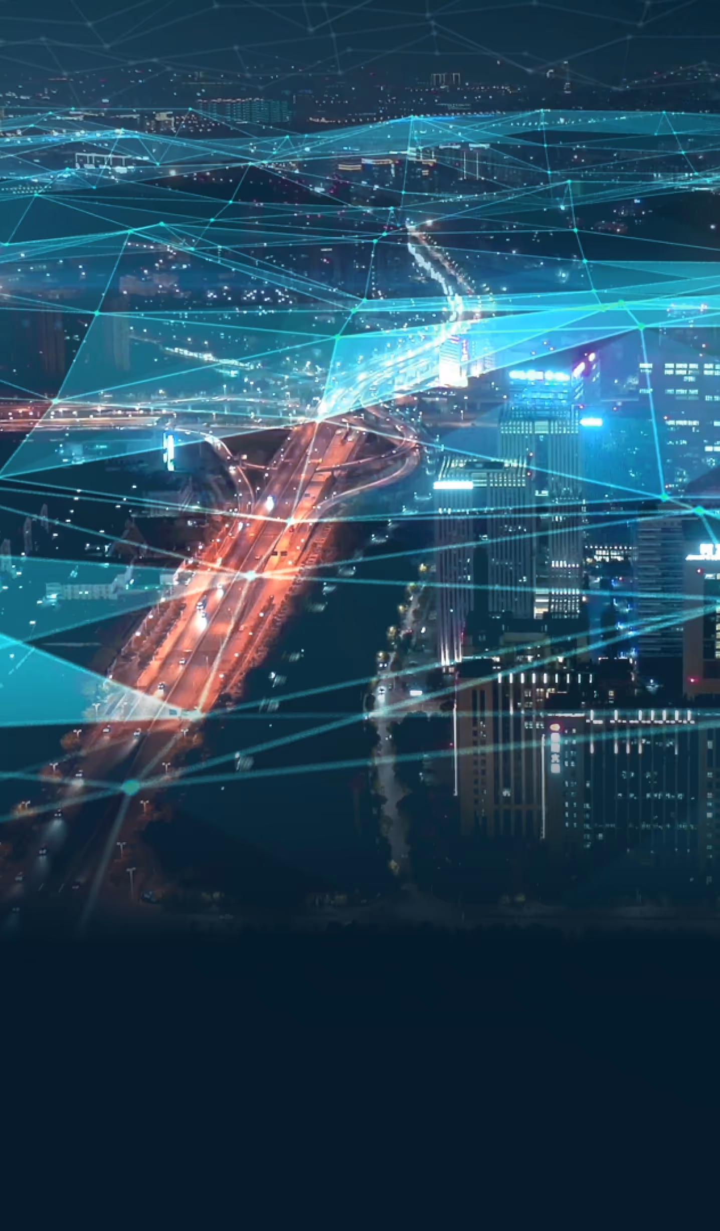 Night cityscape with illuminated buildings and roads overlaid with blue digital network connections.