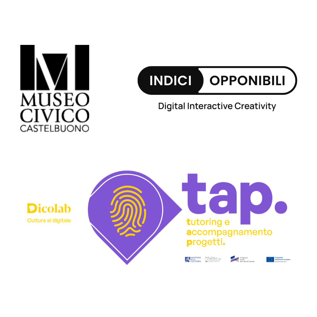 Logos for Museo Civico Castelbuono, Indici Opponibili Digital Interactive Creativity, and Dicolab tap tutoring and project support with a purple fingerprint icon.