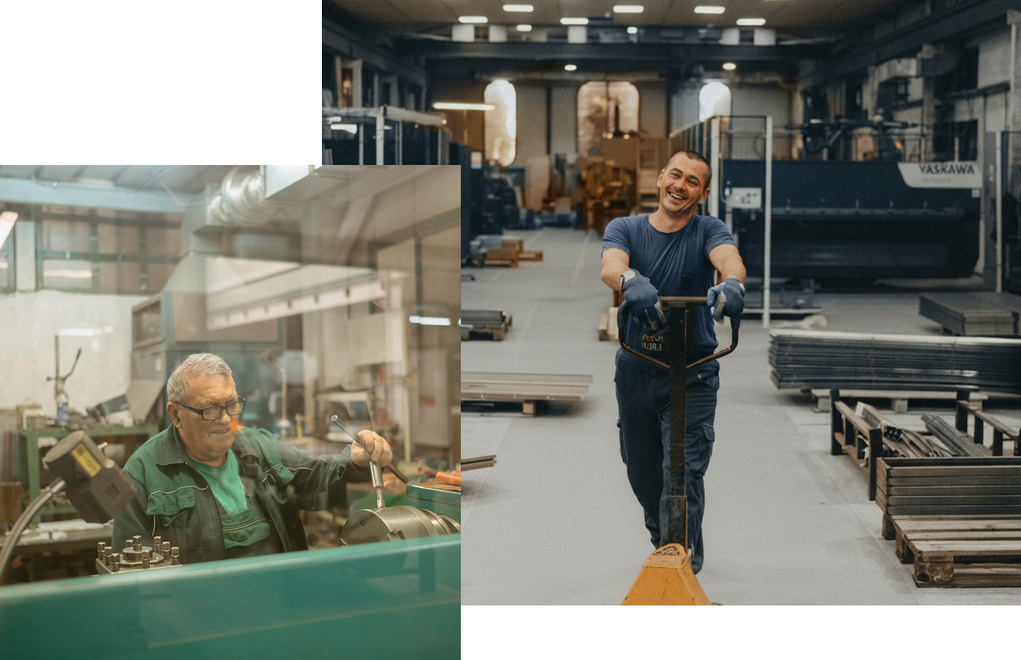 Two construction workers wearing hard hats and plaid shirts at a work site, one holding wooden beams.