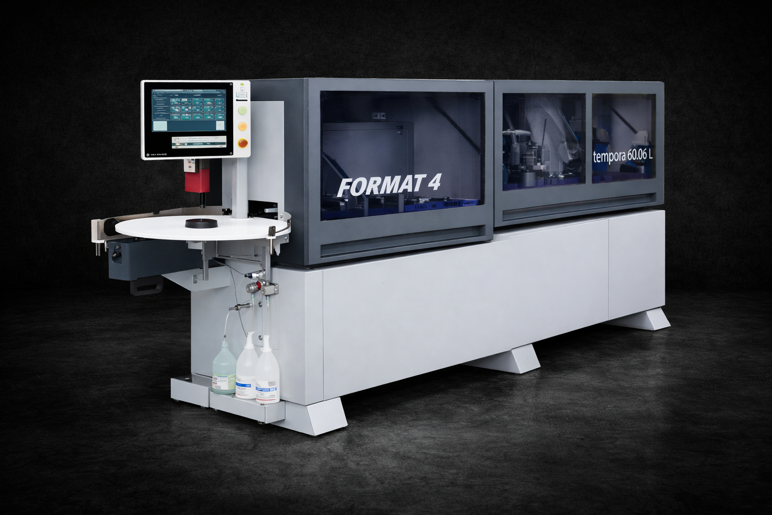 Automated factory line with red robotic arms assembling silver car frames.