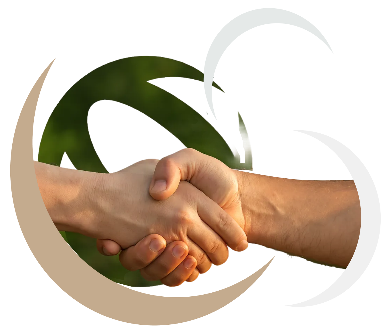 Two hands shaking in a handshake with stylized circular design elements in the background.