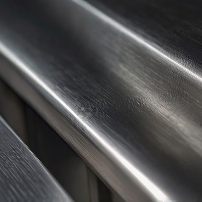 Close-up of polished metal surfaces reflecting light with fine texture details.