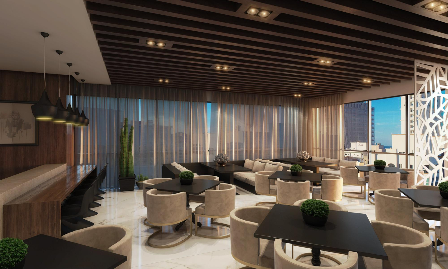 Modern lounge area with beige armchairs, black tables adorned with small green plants, a long wooden bar with black stools, large windows with sheer curtains, and a decorative white panel.