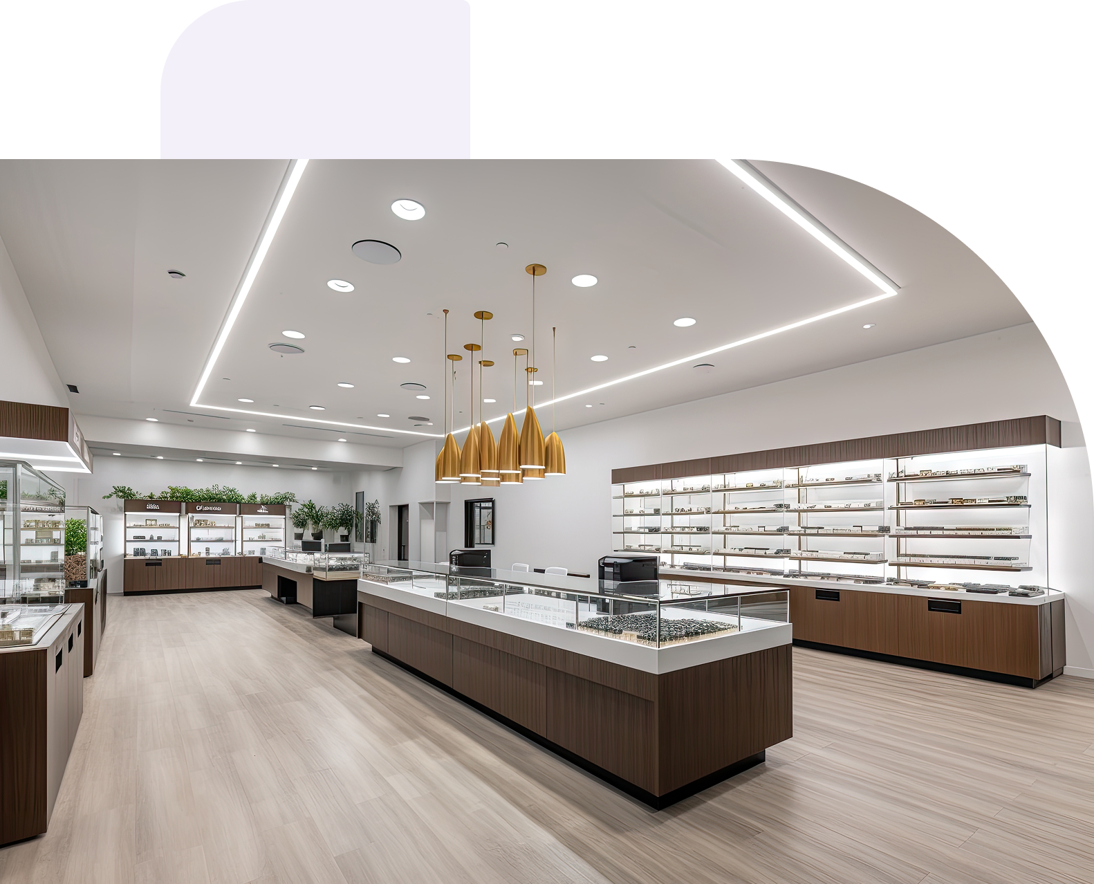 Modern optical store interior with wooden display counters, glass cases filled with eyeglasses, and hanging golden pendant lights.