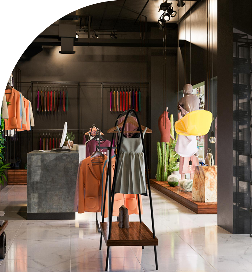 Modern clothing boutique interior with dresses, jackets on racks, mannequins, and a checkout counter.